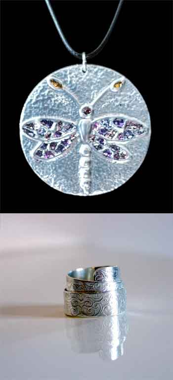 The Platform Gallery in Clitheroe will host the distinctive work of the embossed metalwork of Mike Barnes (top) and Manchester master jeweller Stephanie Mann (bottom).