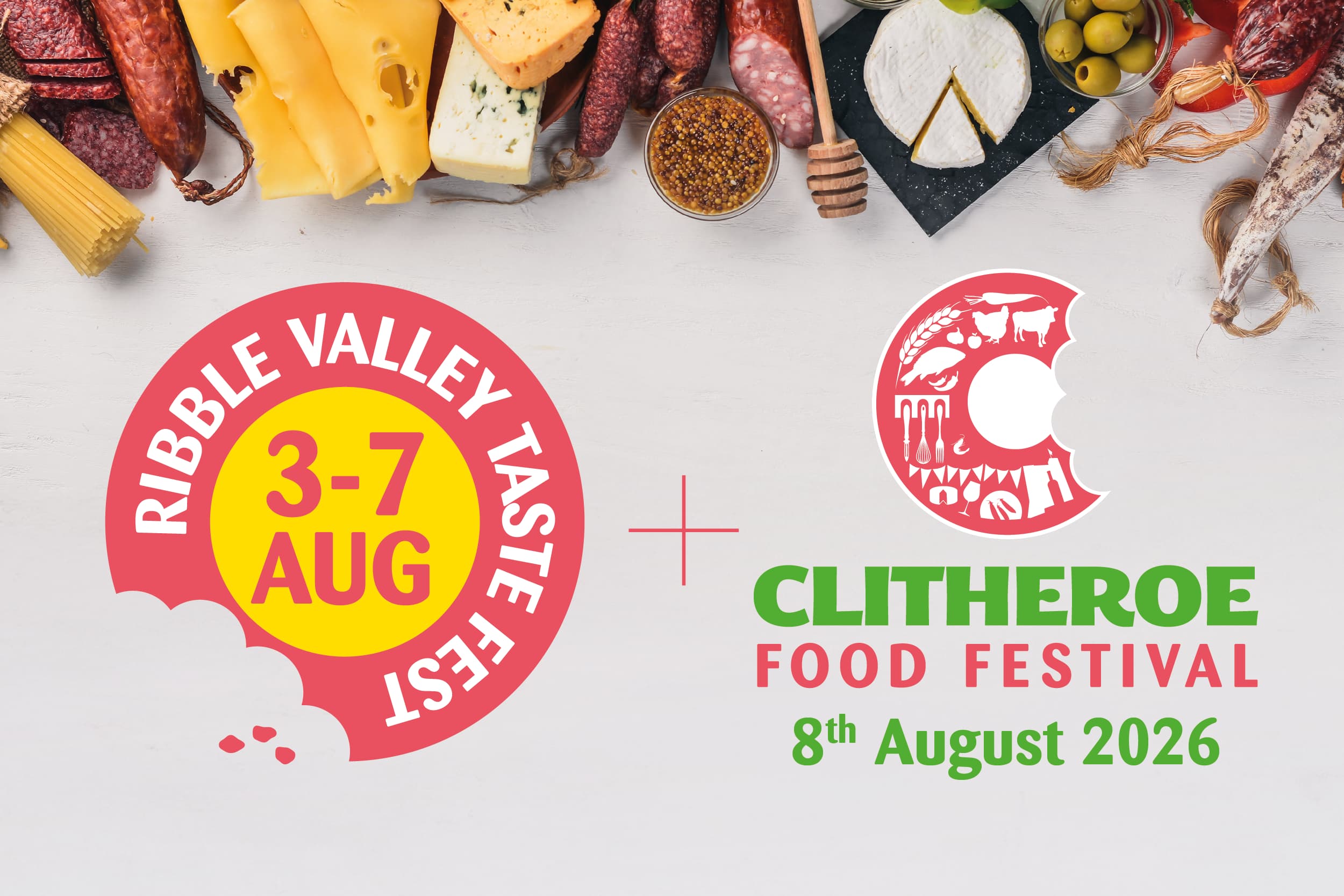 Clitheroe Food Festival 8 August 2026. A variety of cold meats and deli goods are displayed above the logo.