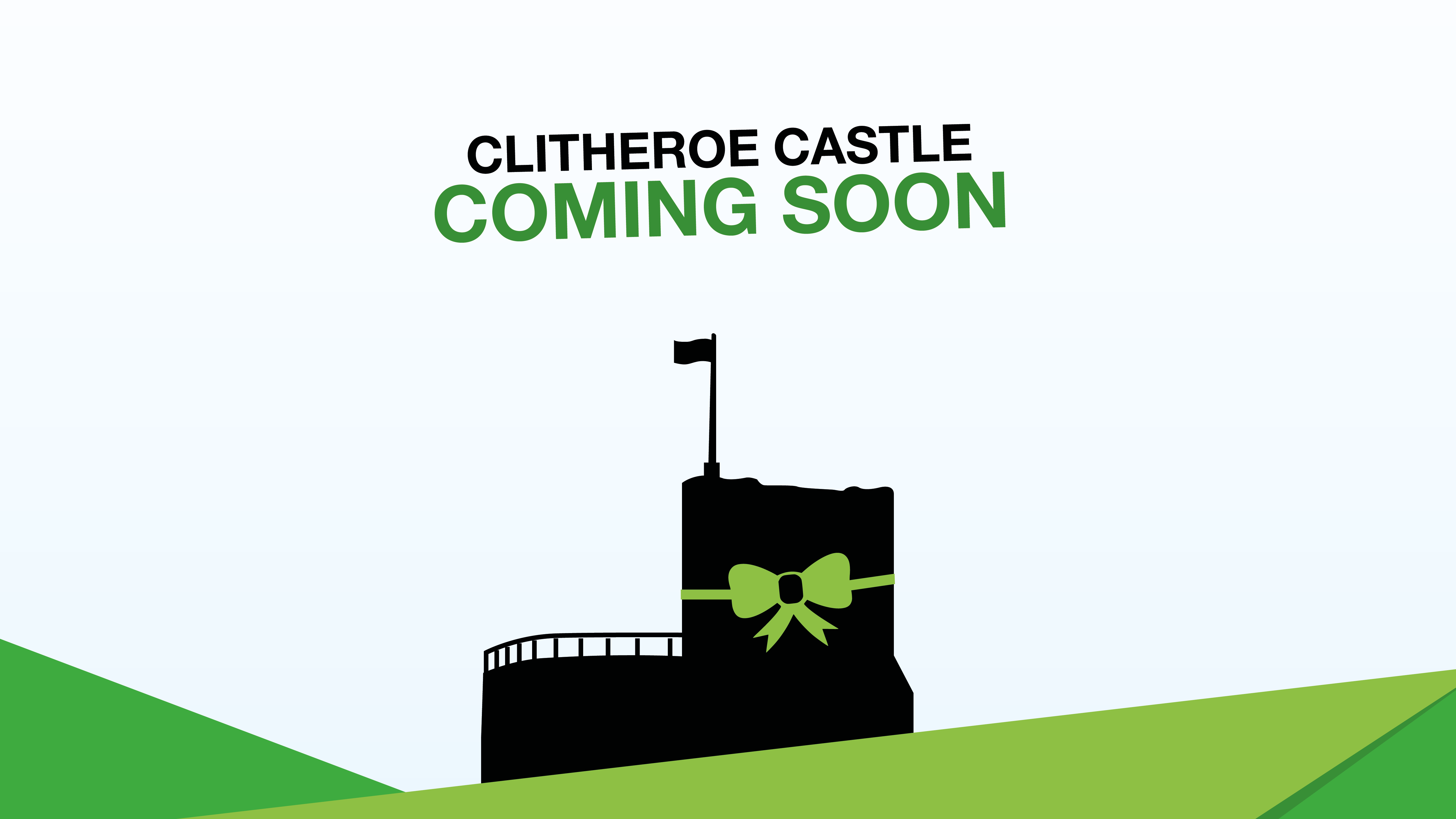 A silhouette graphic of Clitheroe Castle keep with a bow around it