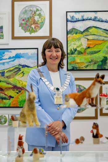 Ribble Valley Mayor, Councillor Louise Edge, in front of the Inspired by Nature summer exhibition at the Platform Gallery, Clitheroe