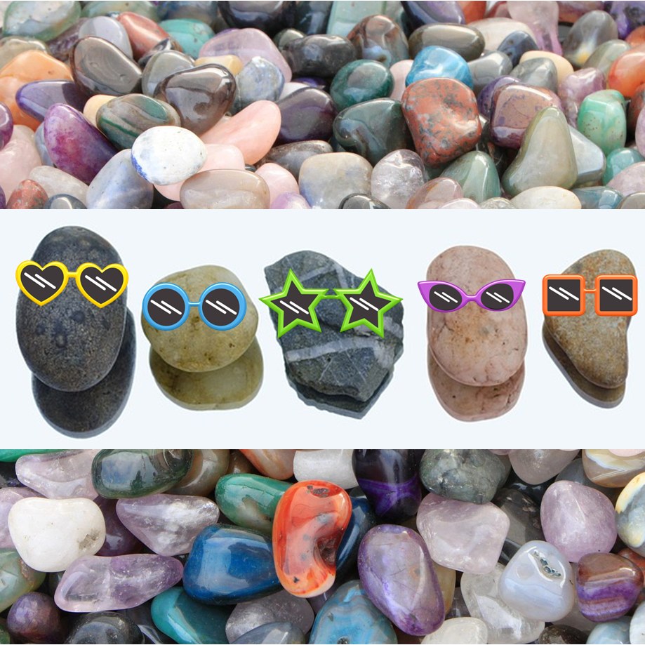 A collection of various rocks with sunglasses on