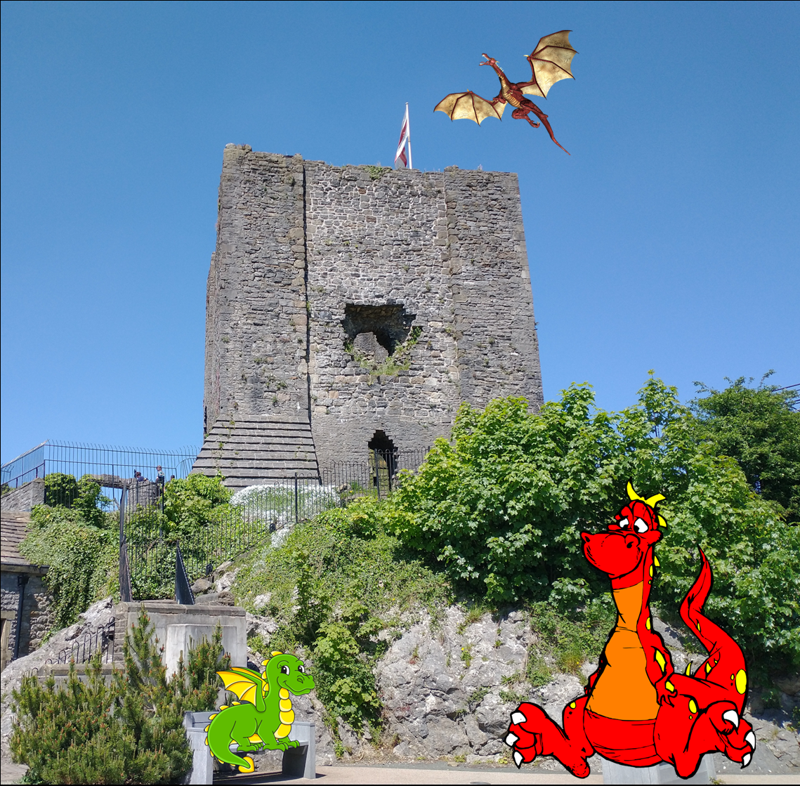 Image of Clitheroe Castle and superimposed characters of dragons