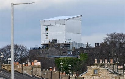 Clitheroe Castle covered with white tarp for protection