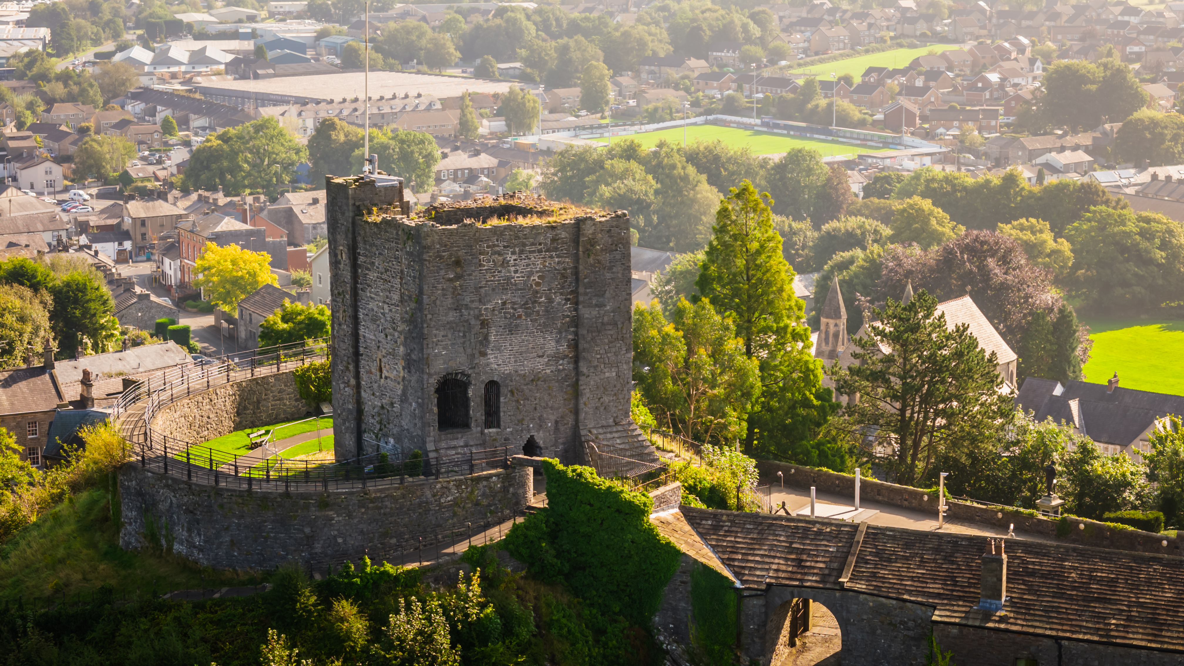 an aerial photo of Clitheroe Castle Keep and surrounding area