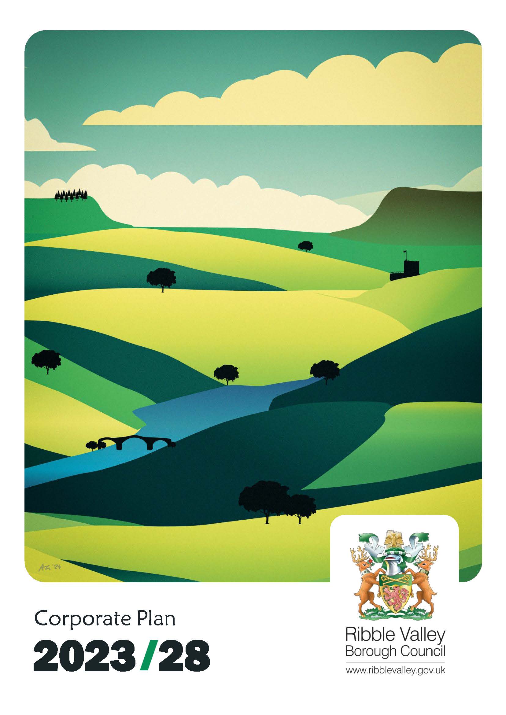 Artistic impression of Ribble Valley with the text 'Corporate Plan 2023-2028)