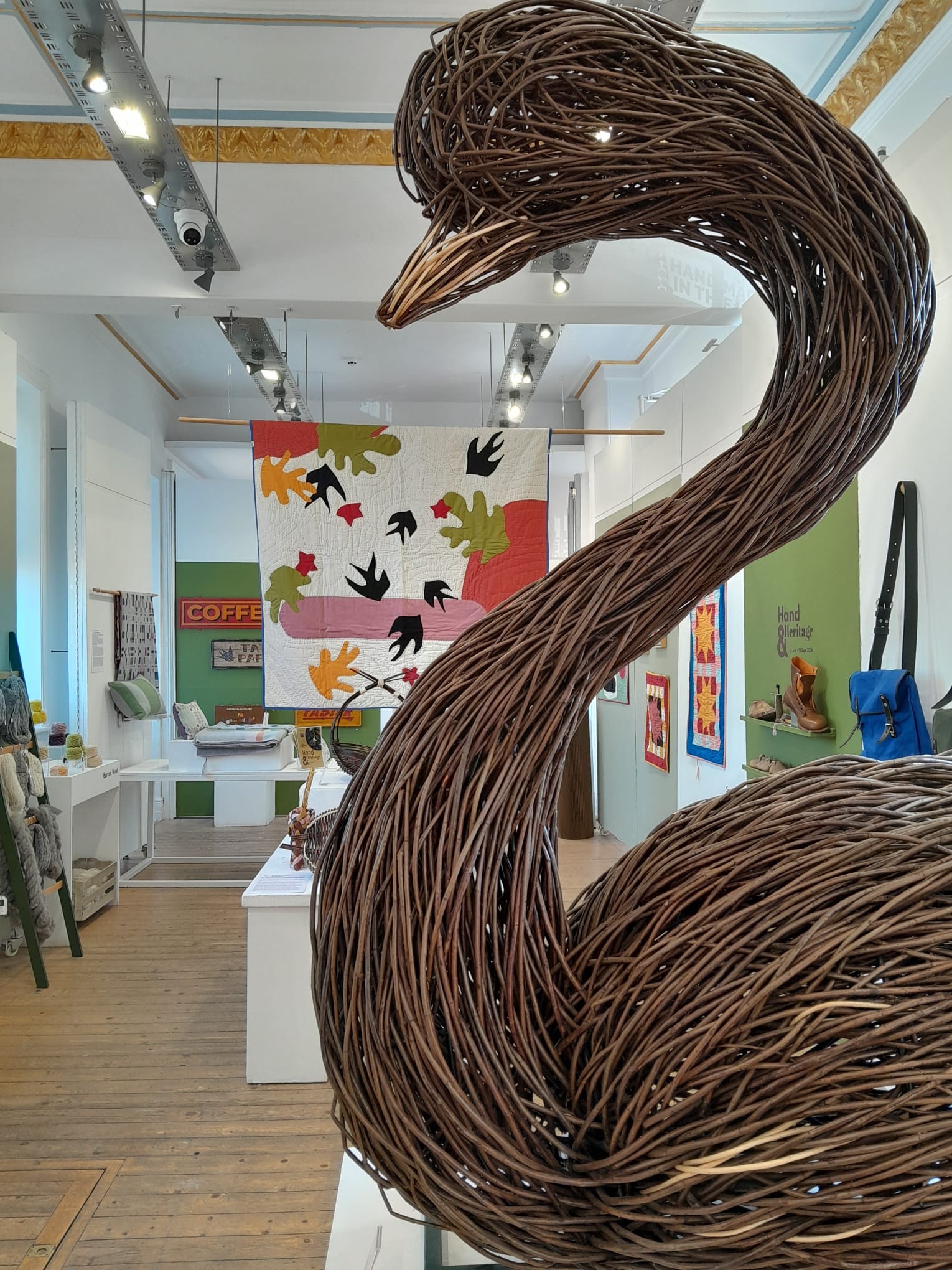 A wicker swan on display at the Platform Gallery, Clitheroe