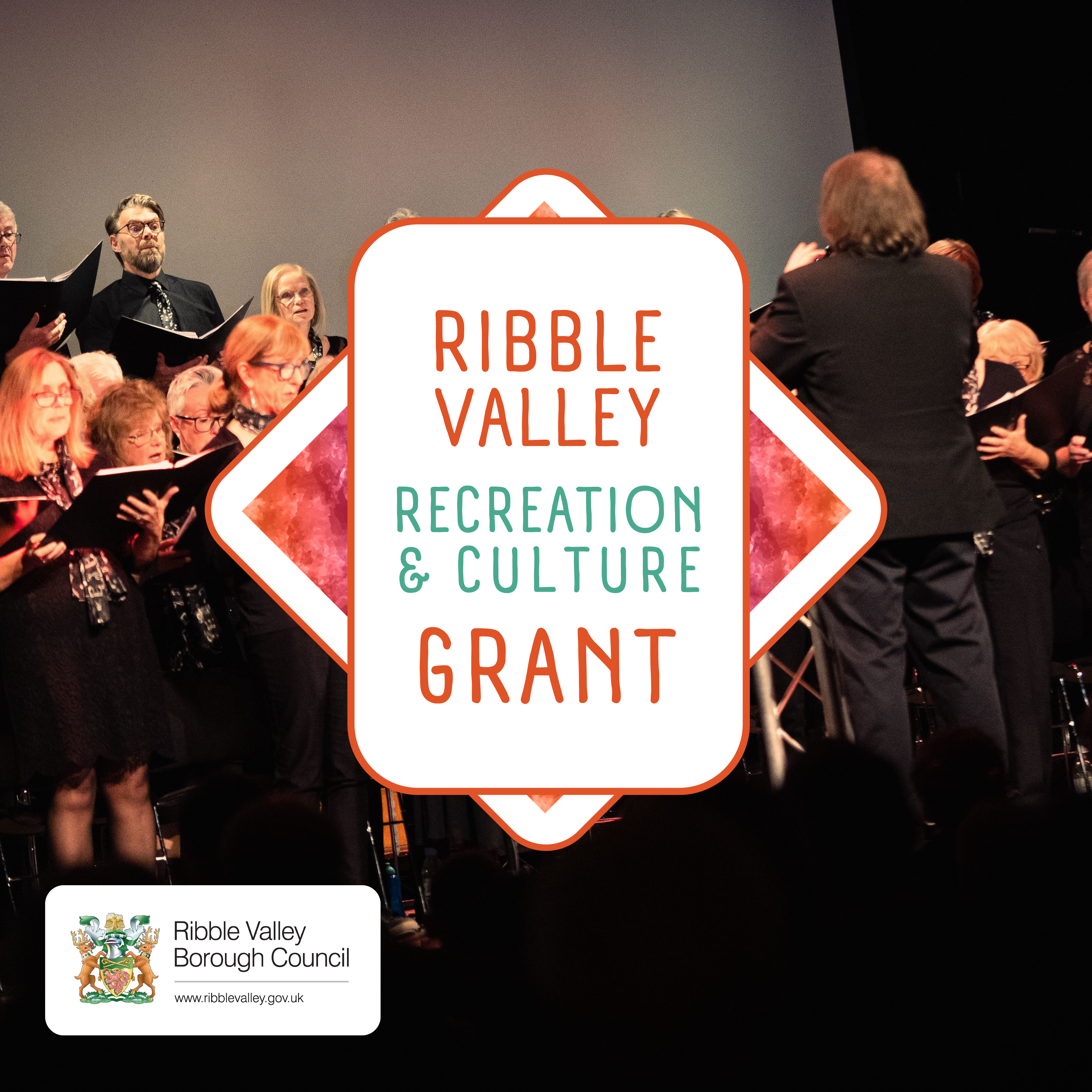A conductor leading an orchestra with the Ribble Valley Recreation and Culture grant logo imposed over the top.