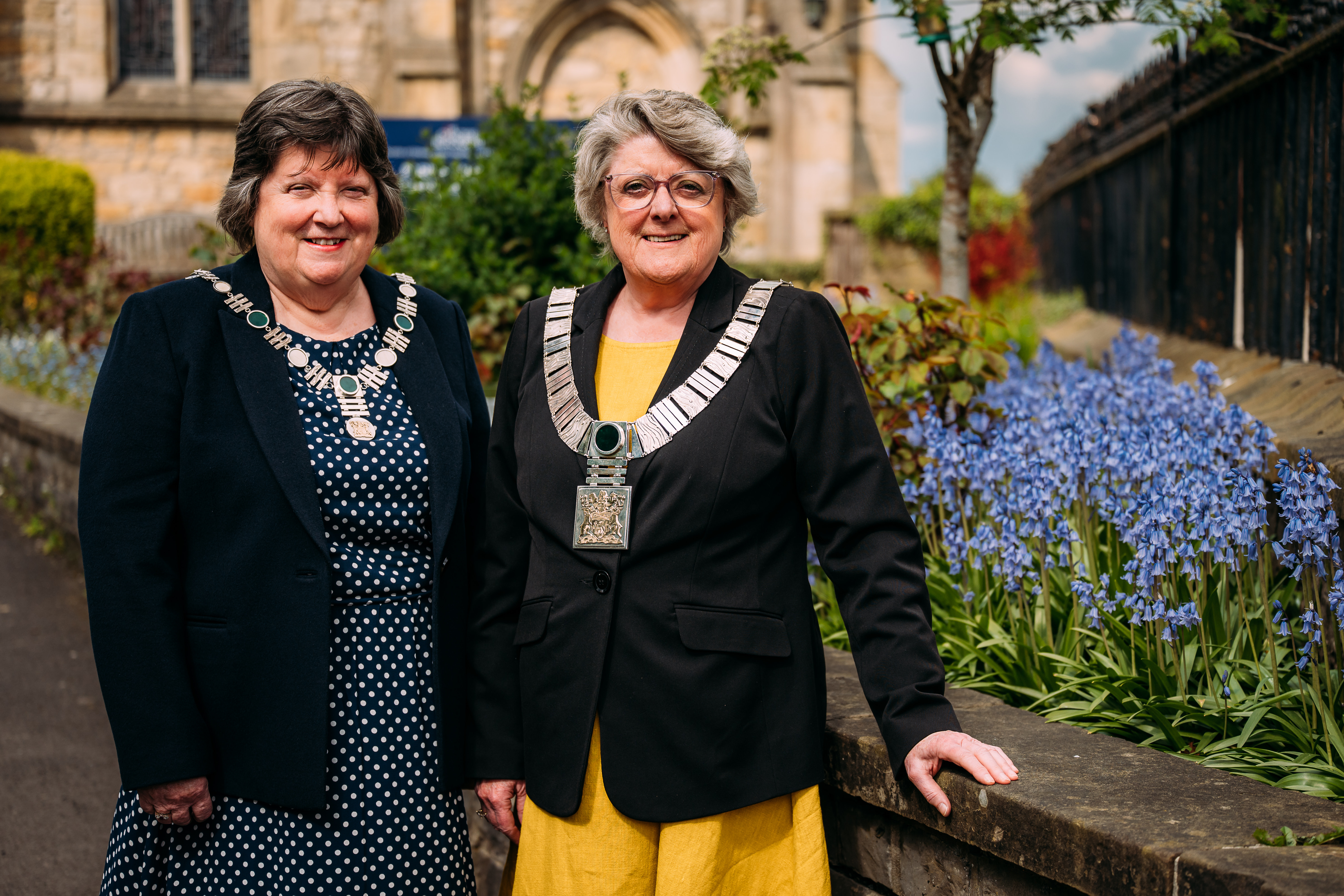 Ribble Valley&rsquo;s new mayor Jan Alcock stood alongside her sister and mayoress Dr Alison Brown outside a church.
