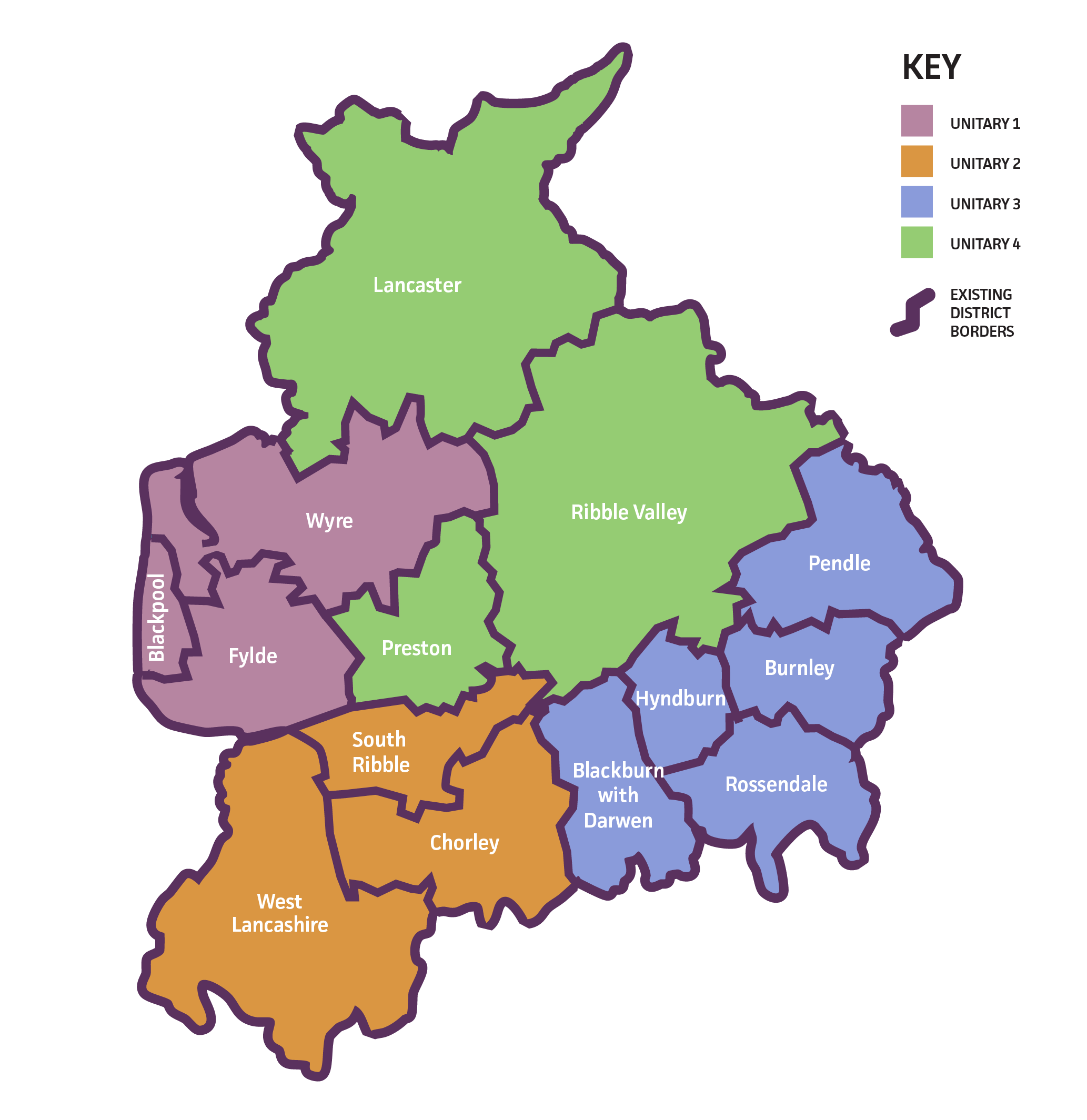 A map of Lancashire showing the collection of boroughs that would form the 4 council option.