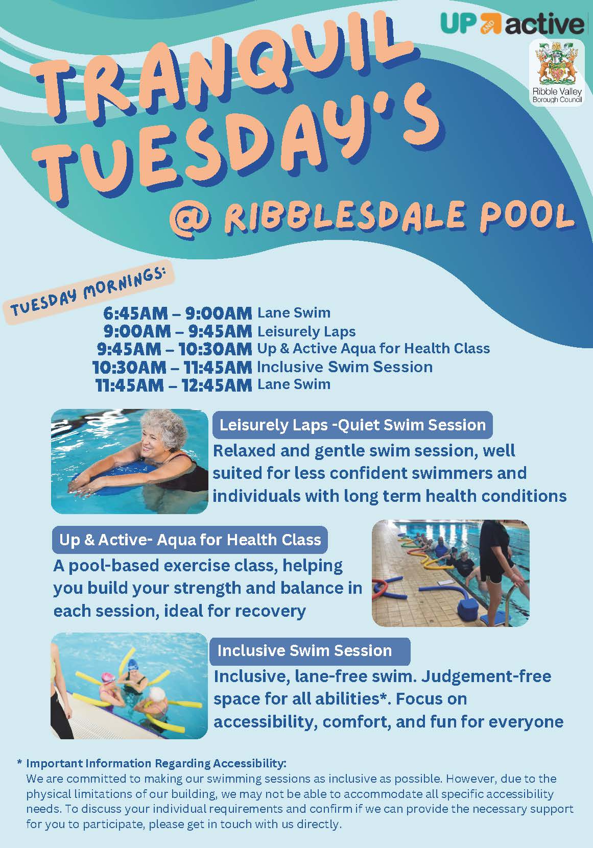 Poster for tranquil Tuesdays at Ribblesdale Pool