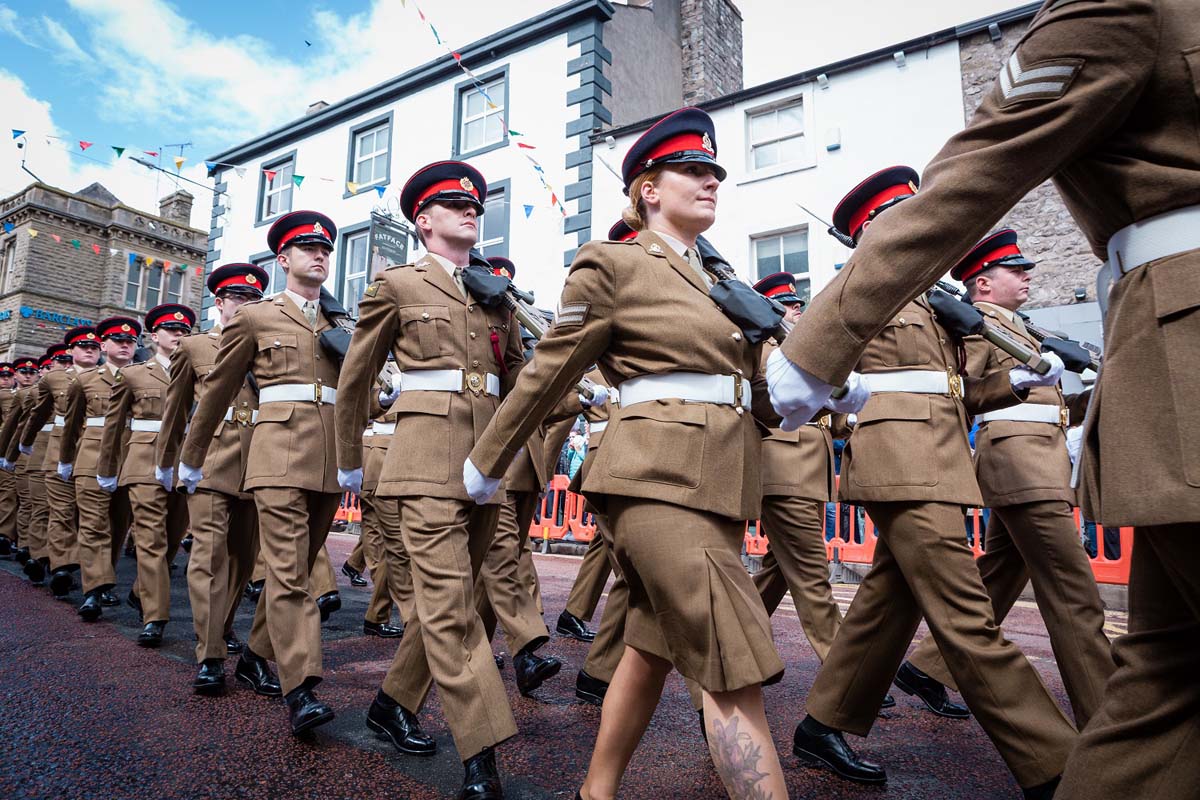 The Duke of Lancaster’s Regiment marching through Market Place, Clitheroe