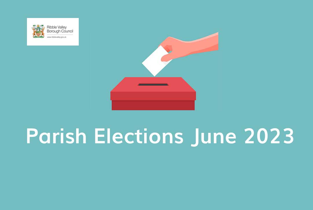 Graphic of a hand placeing a vote in a ballot box with the text Parish elections June 2023