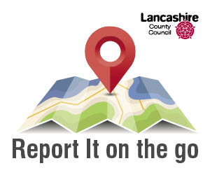 A map with a pin icon on it telling people to 'Report it on the go'