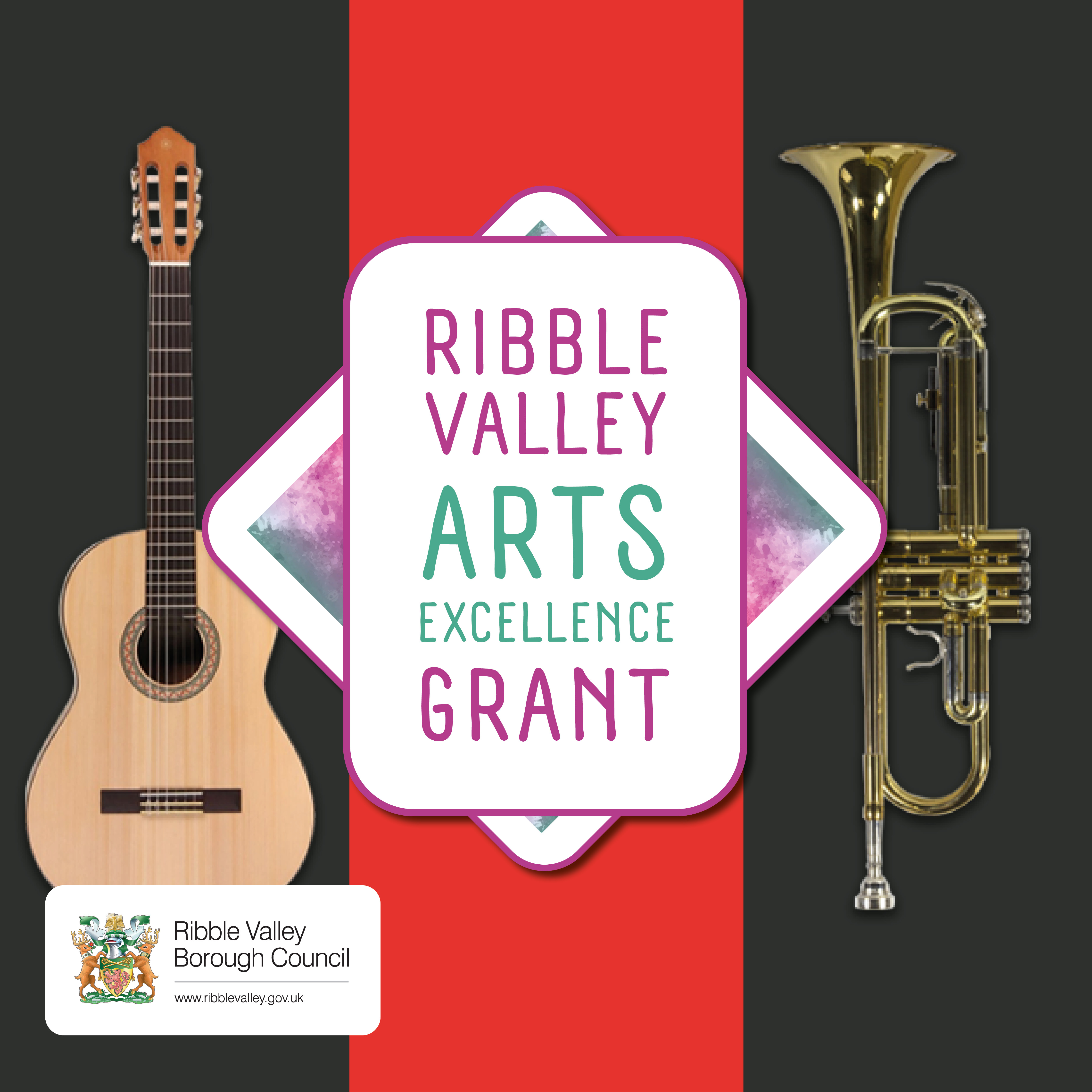 A guitar and trumpet either side of a logo the Ribble Valley Arts Excellence grant