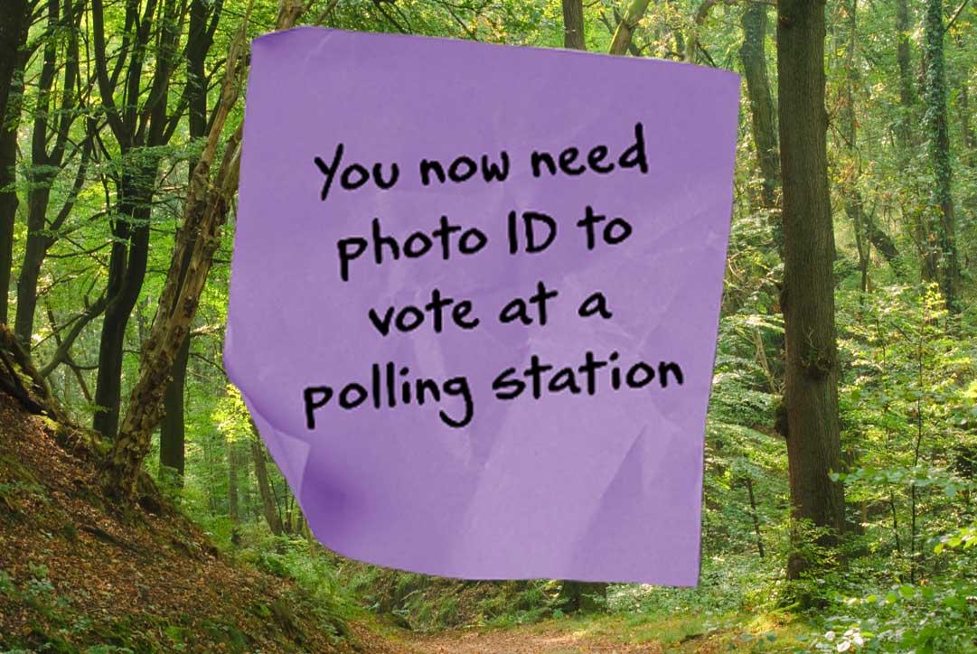 Post it Note over an image of wooded forest saying - You will need voter ID to vote at a polling station