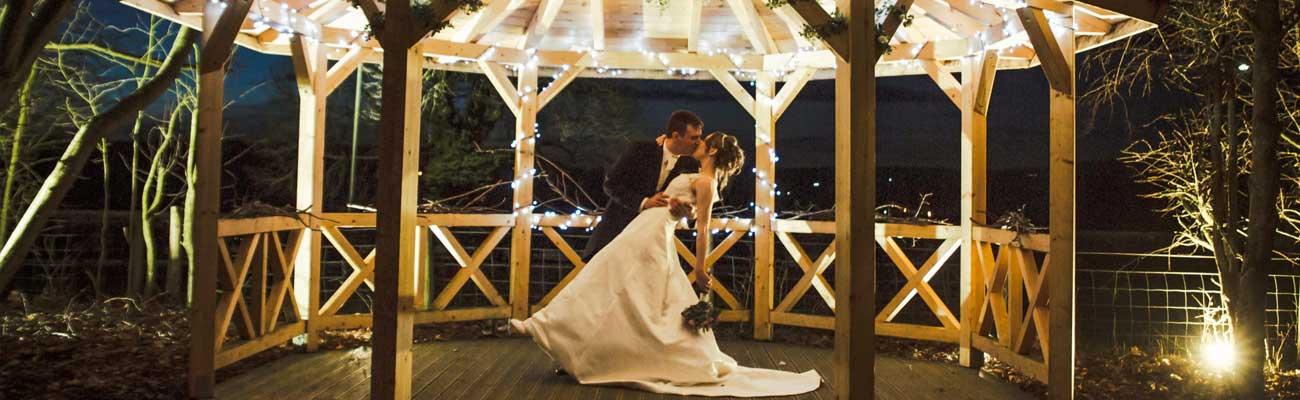 Night shot of bride and groom under a pergola