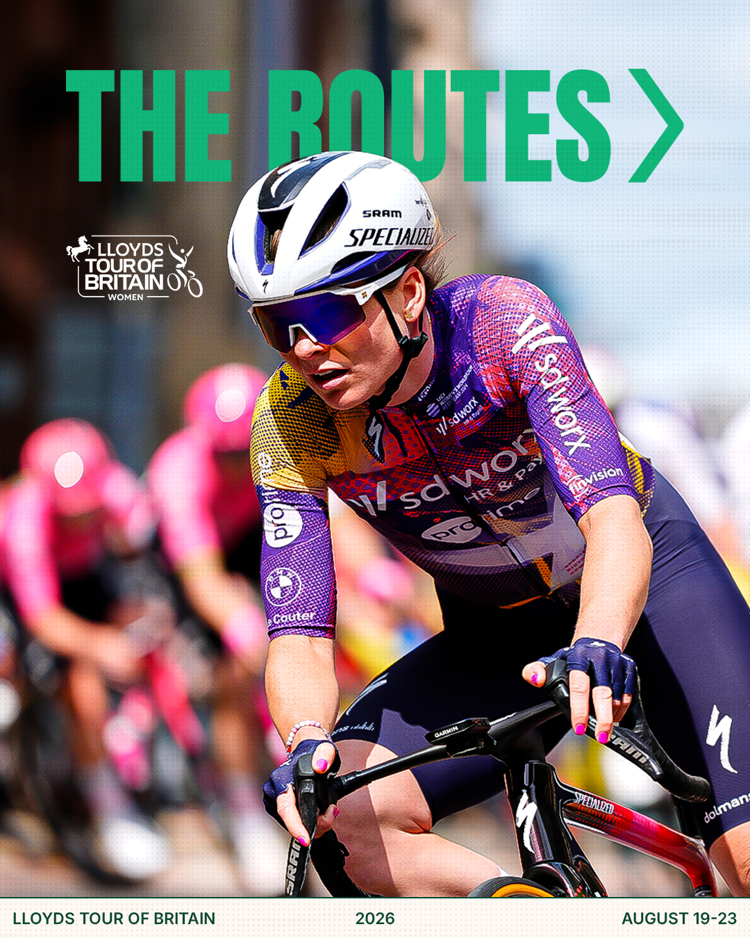 A female professional cyclist racing in a competition