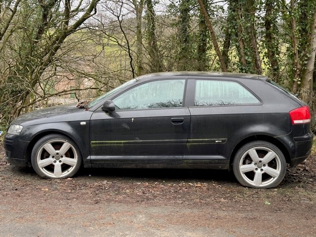 Image of a black car abandoned near some trees